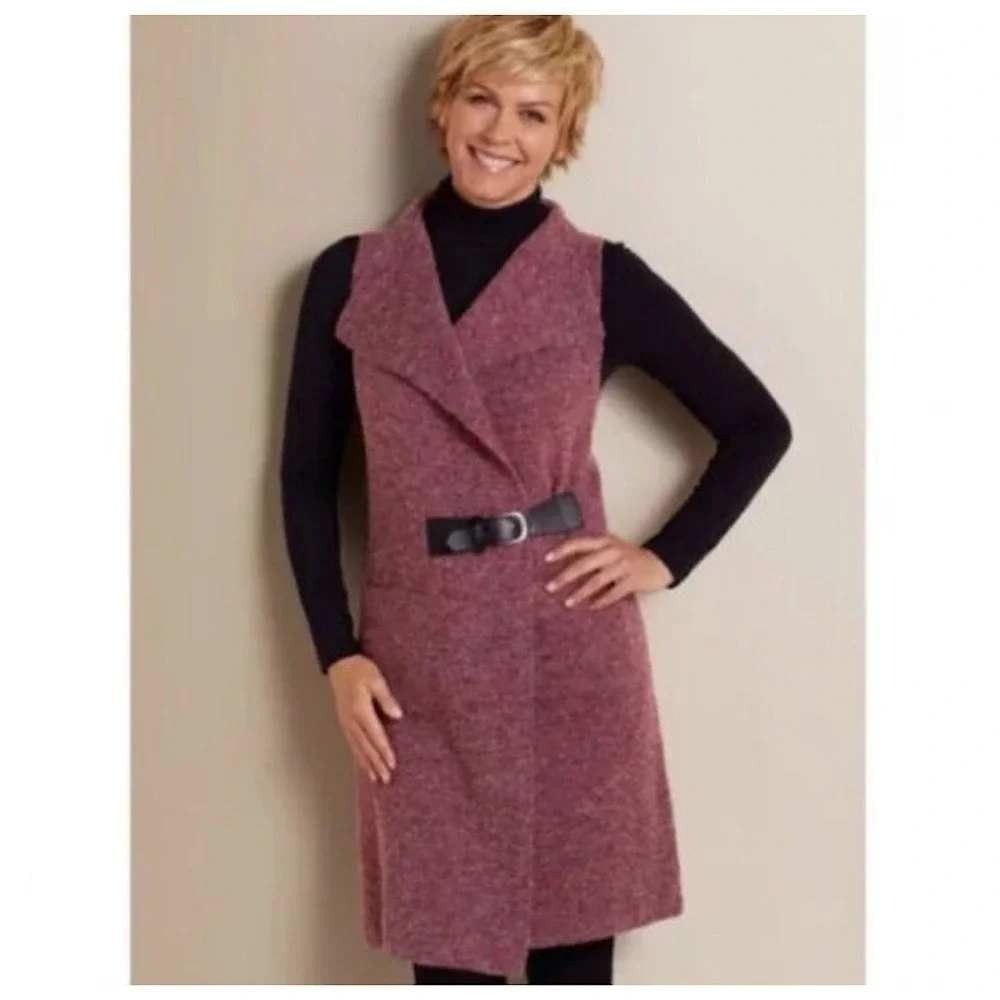 Soft Surroundings Burgundy Solange Longline Belted Cardigan Sweater Vest Sz S